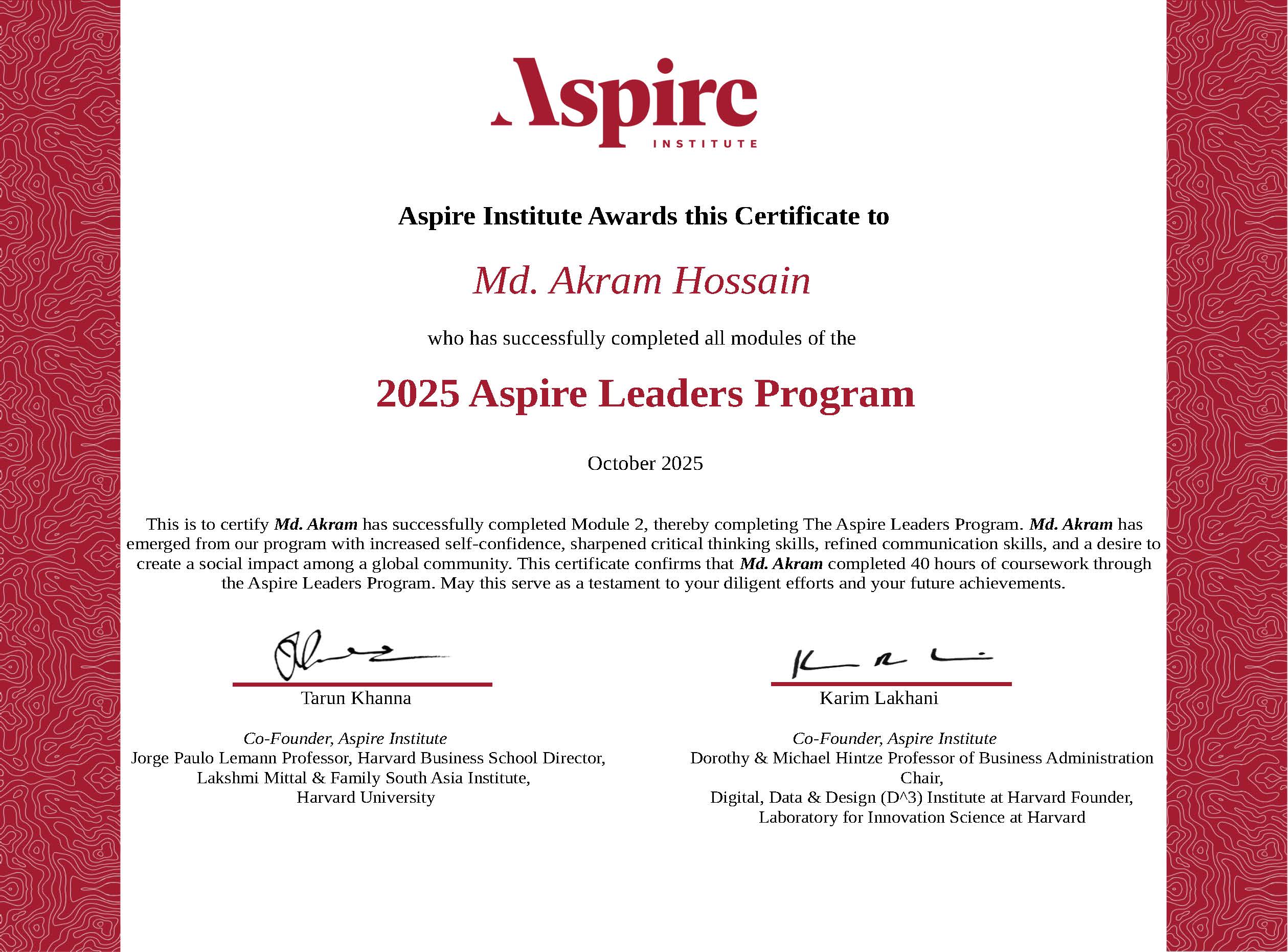 Aspire Leadership Program Certificate