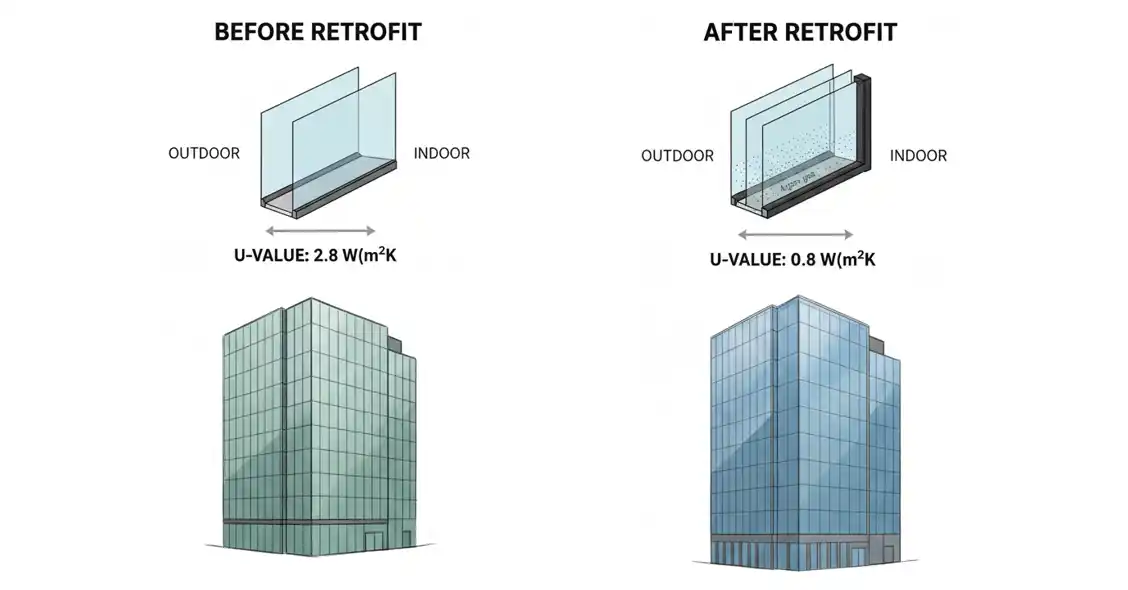 Comparison before and after retrofit of glass fa&ccedil;ade U-values